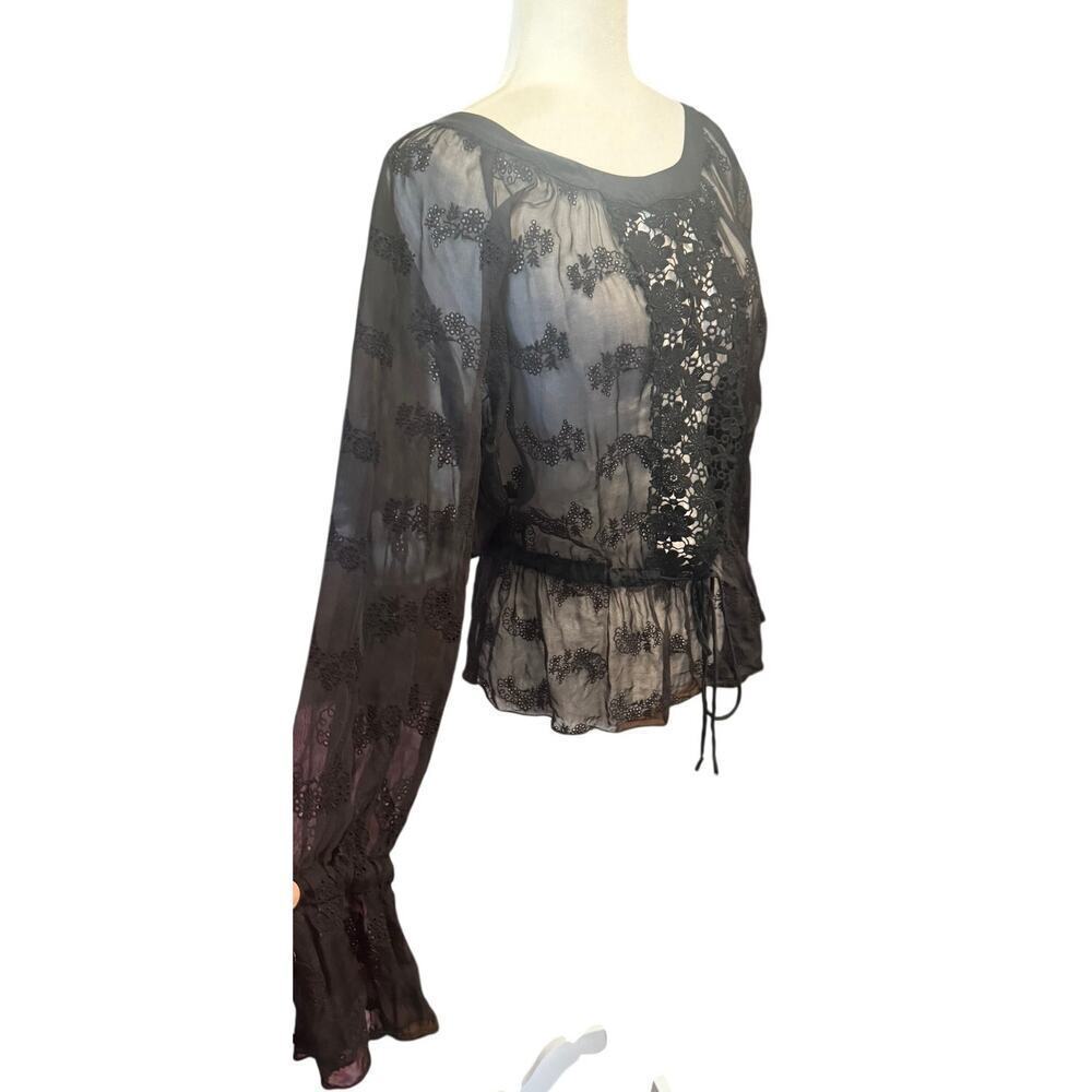 4 Love & Liberty by Johnny Was Sheer Silk Lace Blouse Black Boho Peasant Top M - Picture 3 of 7